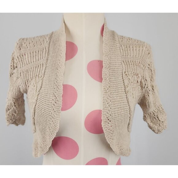 Women's Bina Tan Crochet Sweater Shrug Cardigan Short Small Medium Made in UK - Picture 2 of 7